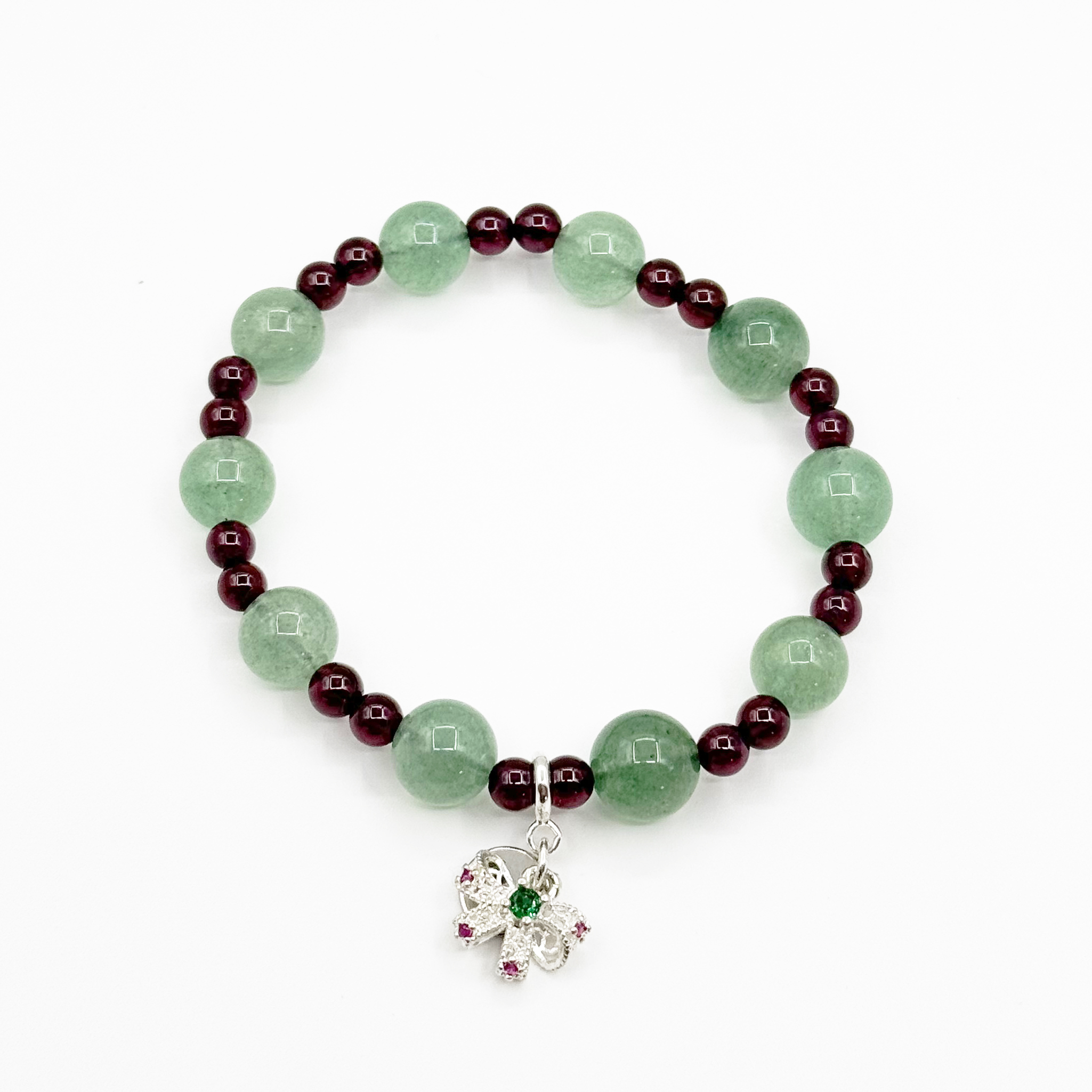 Green Crystal & Garnet Christmas Floral Charm Bracelet