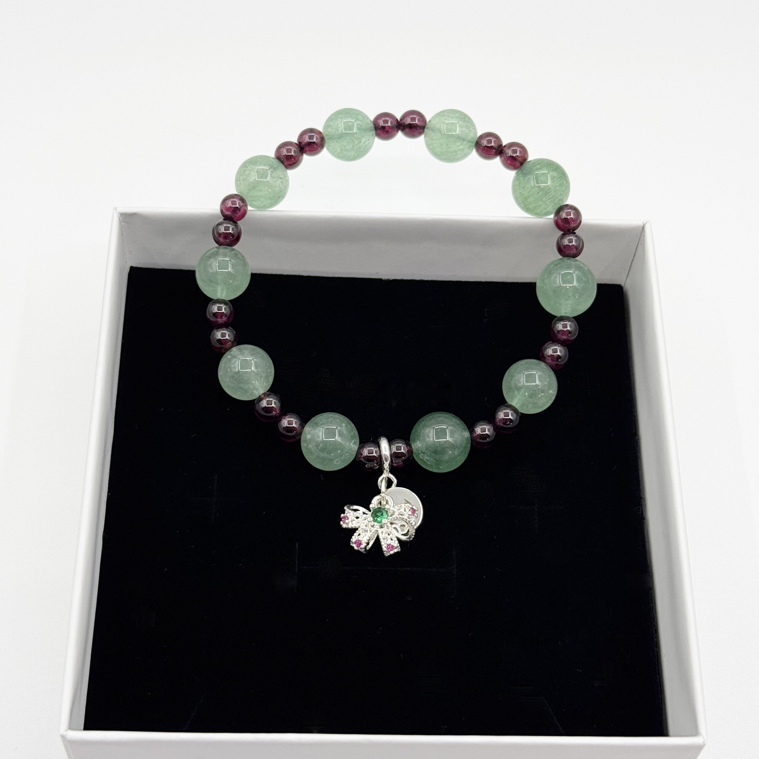 Green Crystal & Garnet Christmas Floral Charm Bracelet - Image 4